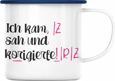 Produktbild von Trendation - Lehrerin Geschenk Emaille Tasse Spruch Grundschule Geschke Lustig für Lehrerinnen Abschied Geschenkidee Englisch Deutsch (Blau)