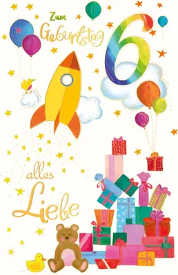 Produktbild von 6. Geburtstag - Karte mit Umschlag - Rakete und Geschenke