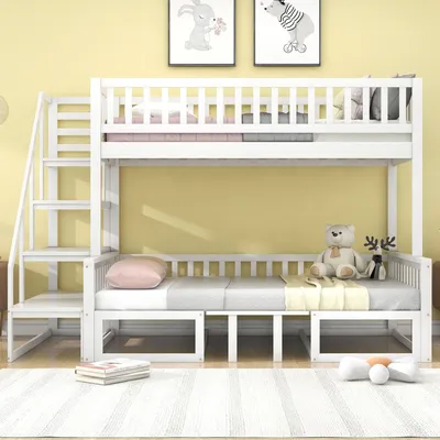 Immagine prodotto di Letto a castello salvaspazio, scale, scrivania regolabile in altezza, robusto divano in legno, bianco, 90x200 e 120x200 cm