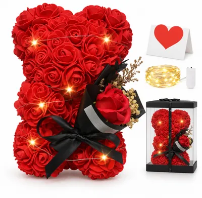 Produktbild von Rosenbär in Rot mit Blumenstrauß und Lichterkette, 25 cm, Geschenkbox mit Karte als Weihnachtsgeschenk für Freundin
