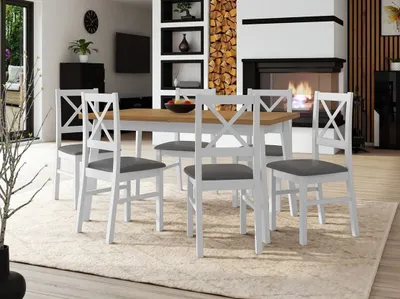 Obrázok produktu pre Rozkladací jedálenský stôl 140 cm so 6 stoličkami ADELBITE 3 - dub grandson / biely / oceľový šedý