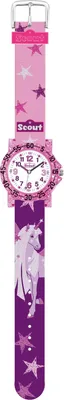 A children's watch with a unicorn and stars design.