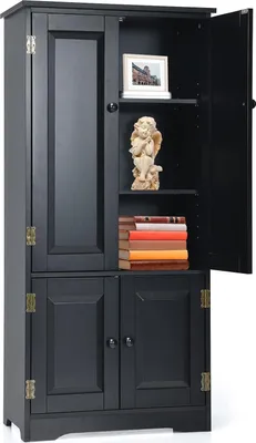 A black wooden cabinet with its doors open, displaying shelves with books, a picture frame, and a statue.