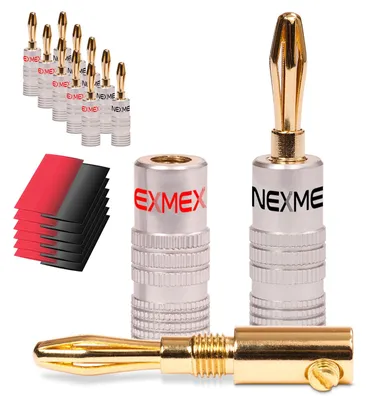 Produktbild von 12x NEXEMX Bananenstecker 24K vergoldet mit Schrumpfschlauch High End Bananas