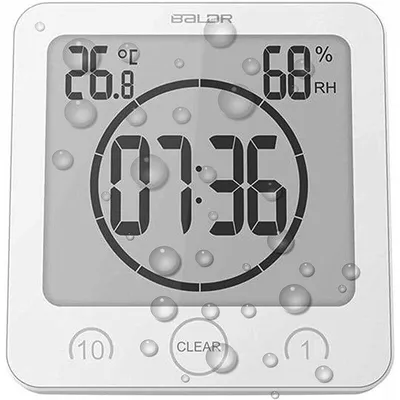 Produktbild von Digitale LCD-Duschuhr, wasserdichte Badezimmer-Duschuhr mit Temperatur- und Feuchtigkeitsanzeige, Wand-Duschuhr, Küchentimer (Weiß)