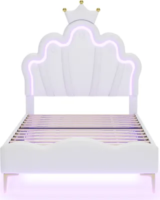 Produktbild von Flieks Polsterbett 90x200cm mit Lattenrost, Kinderbett mit Kronenförmigem Kopfteil, Jugendbett Einzelbett mit Led, Prinzessinnenbett Holzbett, PU