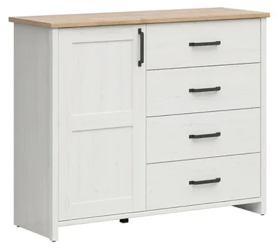 Produktbild von Buffet Aksel mit 4 Schubladen und 1 Tür, Weiß und Holzoptik, 102cm