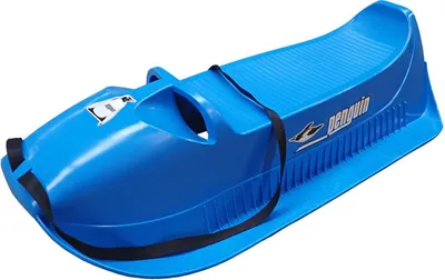 A blue plastic sled is shown against a white background.