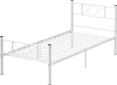 Image de Cadre de lit pour matelas 200 x 90 cm, cadre de lit 88 cm de haut, cadre de lit simple en acier, pour chambre à coucher, chambre d'amis, blanc