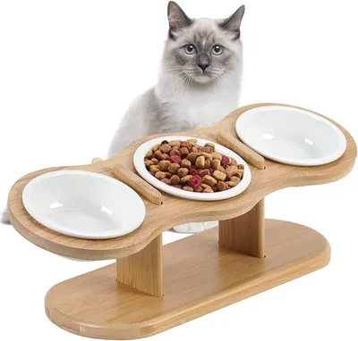 Produktbild von PolkaHome® Erhöhter Katzenfutternapf mit 3 Keramikschalen, Bambus-Ständer, verstellbare Höhe, ergonomische Futterstation für Katzen,