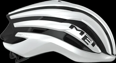 A white and black bicycle helmet against a black background.
