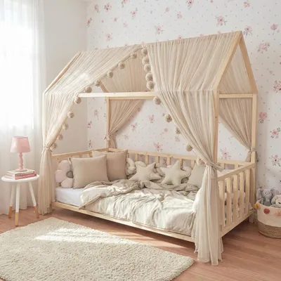 Produktbild von Baby Fancyroom Hausbett Himmel Betthimmel für Kinderbett Kinderzimmer Baldachin Bettvorhang Betthimmel für Mädchen Prinzessin Zimmer (Beige, 300cm, mit Pompomgirlande)
