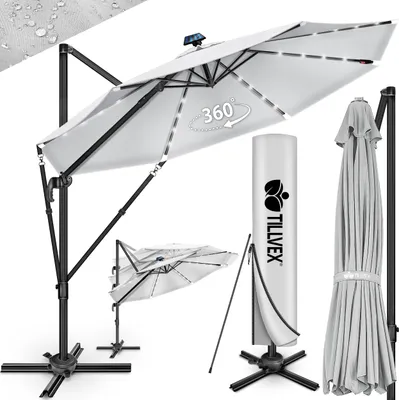 A collage of images showcasing a gray cantilever umbrella with solar lights, its cover, and a folded umbrella.