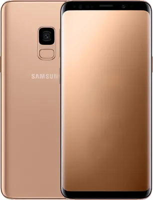A gold Samsung Galaxy S9 smartphone is shown from the front and back.