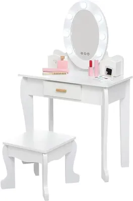 Immagine prodotto di Tavolino da trucco per bambini – Tavolino da parrucco con sgabello – Struttura in legno – Specchio illuminato e cassetti – Scrivania salvaspazio – Bianco