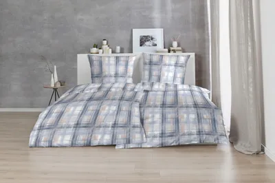 Produktbild von Hahn Feinbiber Bettwäsche Solomon 100% Baumwolle Reißverschluss Bettbezug Kissenbezug Bettgarnitur Bettwäsche-Set Bettzeug 135x200 cm Blau