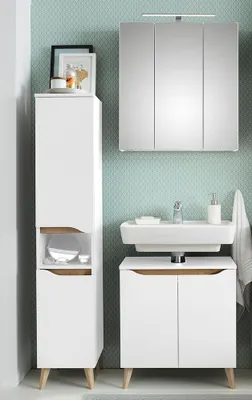 Produktbild von Badezimmer Set mit Füßen in Holzoptik QUEIMADOS-66 in Weiß Glanz mit Weiß Hochglanz, B/H/T ca. 950/200/33 cm