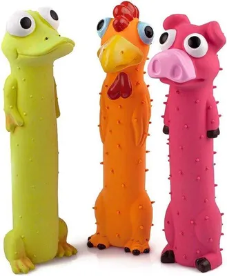 Productafbeelding van Honden-vriendelijke speeltjes - 3 stuks van latex met piepende geluiden, lange, kleurrijke, interactieve dieren.
