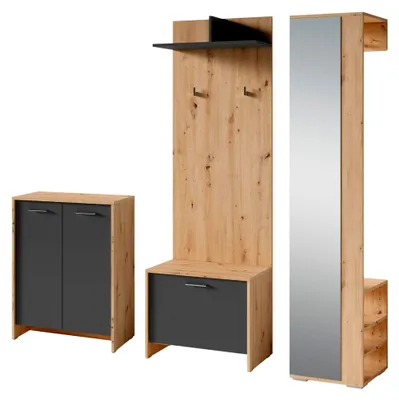 Produktbild von Garderoben-Set Ben für Flur mit Spiegel und viel Stauraum, 4-teilig, Hochschrank, Wandpaneel, Sitzbank, Kommode (Artisan Eiche-Optik/Anthrazit)