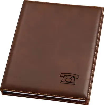 A brown leather-bound address book with a telephone icon embossed on the cover.