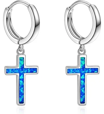 Produktbild von Creolen mit Kreuz und Sternen 925 Sterling Silber Blau Opal 28,5mm