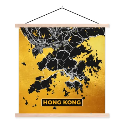 Produktbild von MuchoWow® Textilposter Hongkong - Gold - Stadtplan - Karte 60x60 cm mit holzfarbenen Rahmen - Wanddekoration