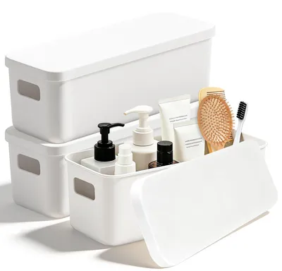 Obrázek produktu pro Úložné boxy s víkem, 3 kusy, rozměry 28x9x10 cm, plast, s rukojeťmi, vhodné do kuchyně i do koupelny
