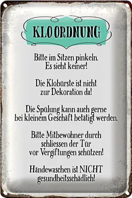 Produktbild von Blechschild Hinweis 20x30cm Klo Ordnung die Klobürste