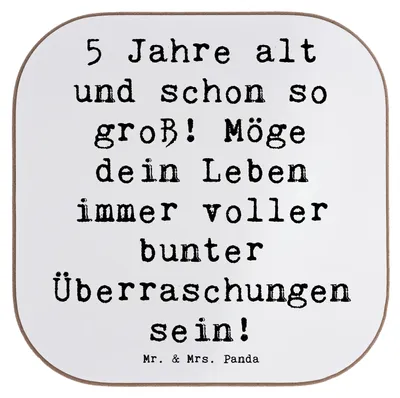 Produktbild von Mr. & Mrs. Panda Untersetzer Glas Spruch 5. Geburtstag - Weiß - Geschenk, Alter, Happy Birthday, Quadratisch, Geburtstagsgeschenk, Geburtstagswünsche, Holzuntersetzer