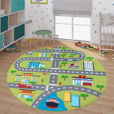 Produktbild von TT Home Kinder-Teppich, Spielteppich Für Kinderzimmer Mit Straßen-Muster Und Autos, Grün Größe 200 cm Rund
