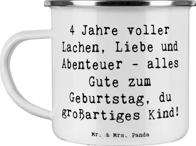 Produktbild von Mr. & Mrs. Panda Haferl Spruch 4. Geburtstag - Weiß - Geschenk, Kaffeepott, Meilenstein, Teebecher, Geburtstagsdeko, Pott, Reisebecher, Happy Birthday, Emaille Tasse