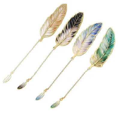 4 goldene Feder-Lesezeichen mit Kette, Metall, 8 cm