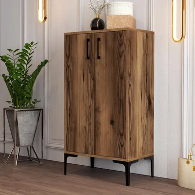 Produktbild von Skye Decor, Hochwertiger Schuhschrank, Walnuss, 60 x 111 x 35 cm | 100% melaminbeschichtete Spanplatte, 18 mm dick | Metallbeine, Kunststoffgriff, Wandmontage möglich, viele Regale.