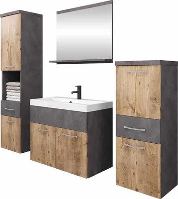 Produktbild von MIRJAN24 Badmöbel-Set Alba, Badezimmer-Set mit Spiegel und Waschbecken (Farbe: Matera / Kastanien Breslau, mit Siphon)