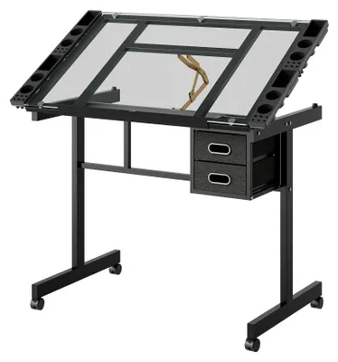 Produktbild von AIORBER Höhenverstellbarer Zeichentisch mit Glasplatte und 2 Stoffschubladen, mobiler Architektentisch und Maltisch für Büro und Hobby, Schwarz