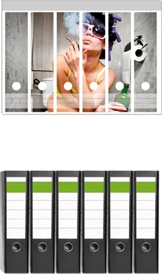 Produktbild von Wallario 6 Stück breite Ordner inkl. Klebeetiketten mit Motive Kloparty - Sexy Frau auf Toilette Zigarette & Schnapsflasche - farbig -  Set mit Rückenschildern / Ordnerrücken Stickern
