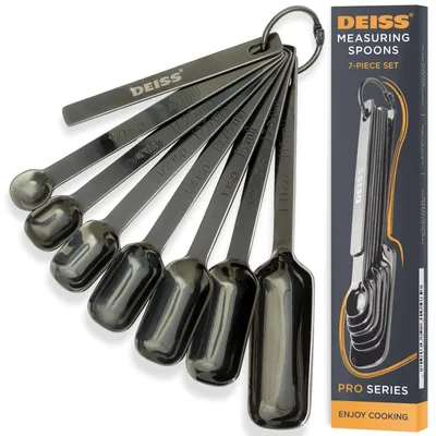 Imagen del producto de Cucharitas medidoras de acero inoxidable de alta resistencia Deiss PRO, ideales para cocinar, especias, ingredientes secos o líquidos. Juego de 7 cucharitas medidoras ajustables con nivelador