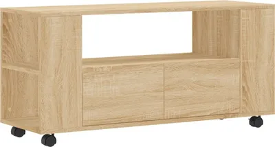 A light brown wooden TV stand with two drawers and open shelving, shown from the front on a white background.