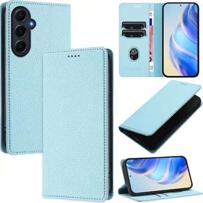 Produktbild von Litchi Leder Handyhülle für Samsung Galaxy A55 Wallet Kartenfächer Standfunktion Hülle Hellblau