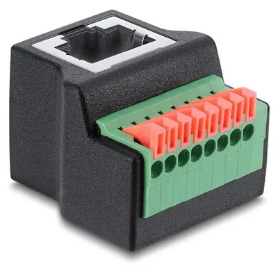 Produktbild von RJ45 Buchse 90° zu Terminalblock Adapter mit Drucktaster