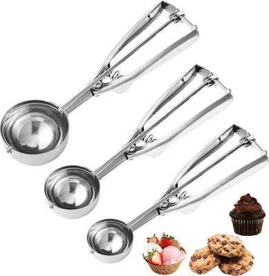 Produktbild von Keksportionierer Set, 3 Stück Eisportionierer Edelstahl (1 EL, 2 EL, 3 EL), Eislöffel Portionierer mit Auslöser für Cupcakes, Eiscreme, Muffins, Fleischbällchen, Melonenkugeln