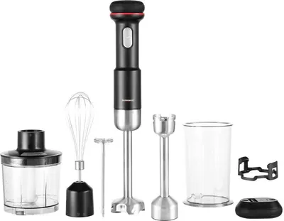 A set of kitchen appliances including a hand blender and its accessories, arranged on a white background.
