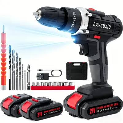 Produktbild von 3-in-1 Akku schrauber,21V Akku Bohrschrauber Set,Schlagbohrmaschinen mit LED,45Nm Max,Schrauber mit 2x1500mAh Akkus,Koffer und viel Zubehör,Schwarz