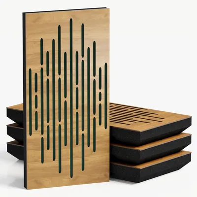 Zdjęcie produktu dla Zestaw 10 wąskich paneli akustycznych WAVE-F, obita welurem, wymiar 50x25 cm, kolor dąb/zielony