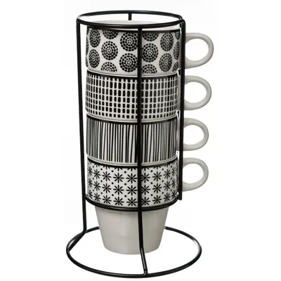 Produktbild von Zestaw 4 filiżanek porcelanowych na stojaku, kubki do kawy, komplet kubków, porcelanowe kubki, kubki na stojaku