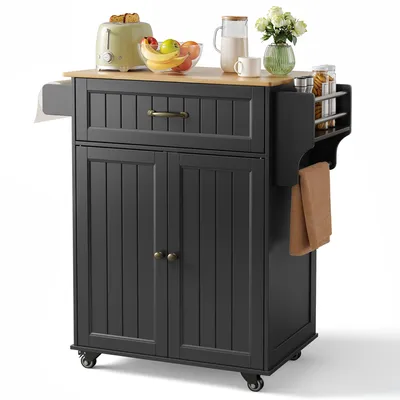 Produktbild von BEALIFE Mobiler Küchenwagen AK61 45x65x91 cm | Mit Arbeitsplatte, 2 Schubladen, Handtuchhalter & Gewürzbrett | Schwarz