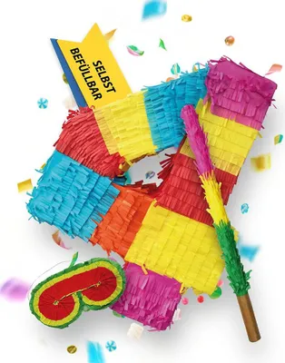 Produktbild von Pinata Zahl 4 Set mit Stab und Augenmaske für Kinder-Geburtstag Schlag-Spiel 50 x 35 x 8cm Dekoration Geburtstagsdeko