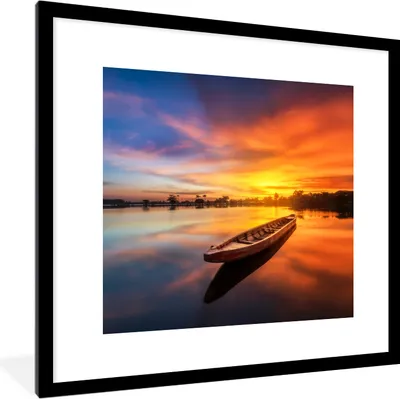 Produktbild von MuchoWow® Gerahmtes Poster Boot - Wasser - Sonnenuntergang - Orange - Wasser 40x40 cm - Poster mit Schwarzem Bilderrahmen Wandposter Rahmen Foto Bilder - Poster - Plakat im Rahmen