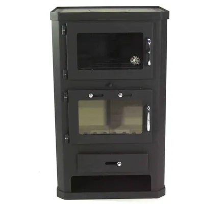 A black wood-burning stove with glass doors and a drawer.