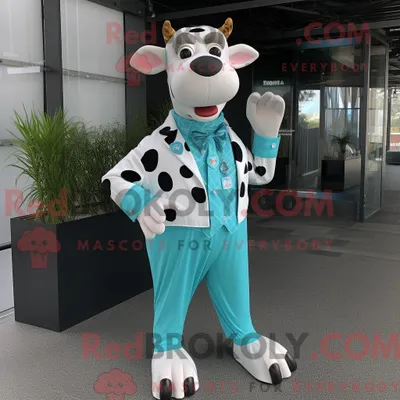 Produktbild von Türkisfarbenes REDBROKOLY Maskottchenkostüm einer Holstein-Kuh mit Oberhemd und Anstecknadeln
